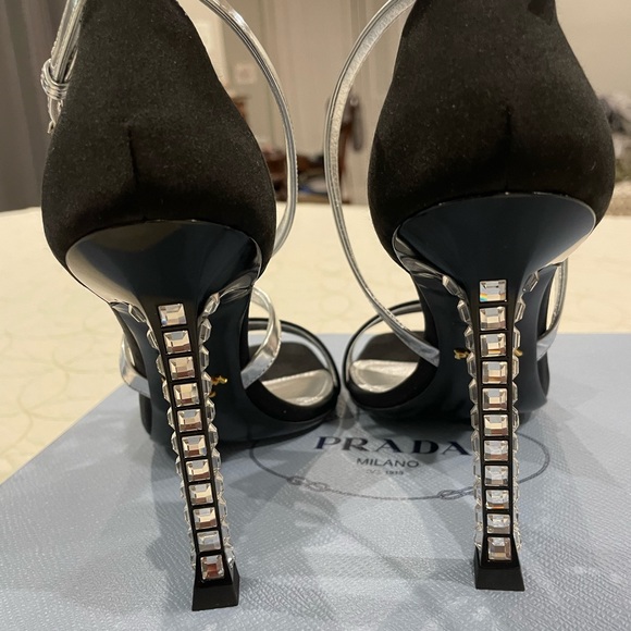 NIB Prada Satin Black Criss Cross Strappy Heels 7.5 - Picture 3 of 12